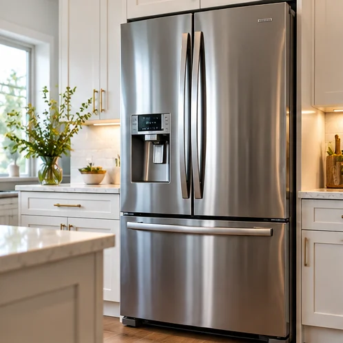 Modern stainless steel refrigerator in a bright kitchen